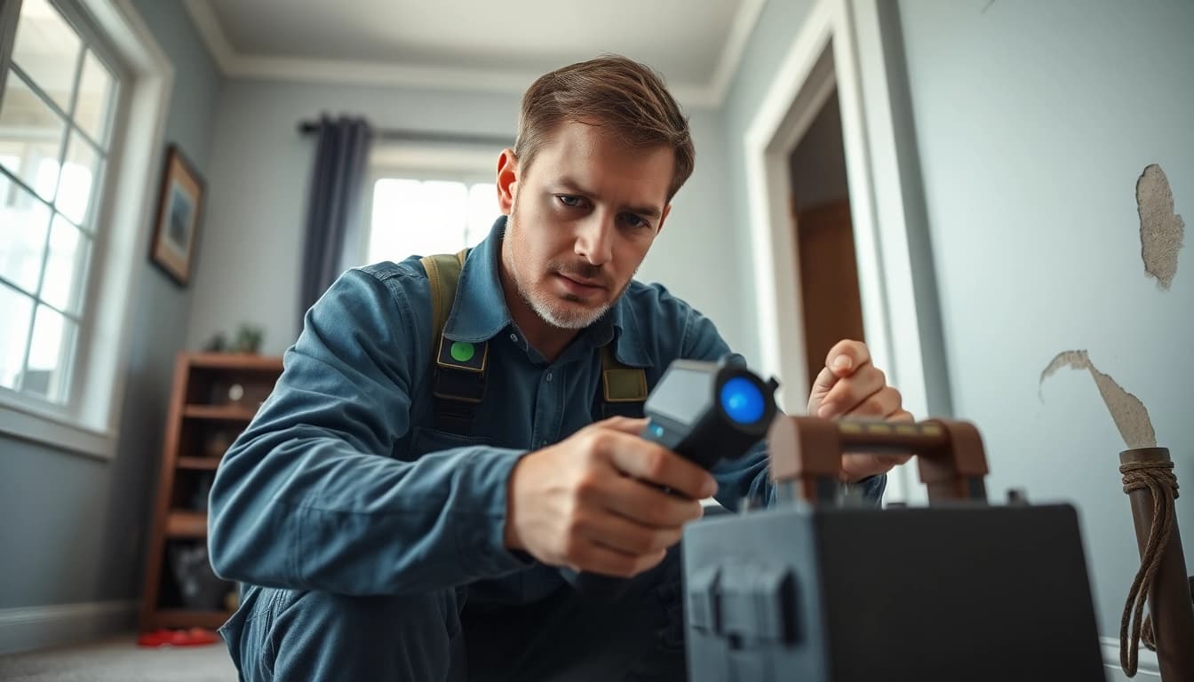 Expert technician performing underground leak detection using thermal imaging and acoustic devices in a residential setting.