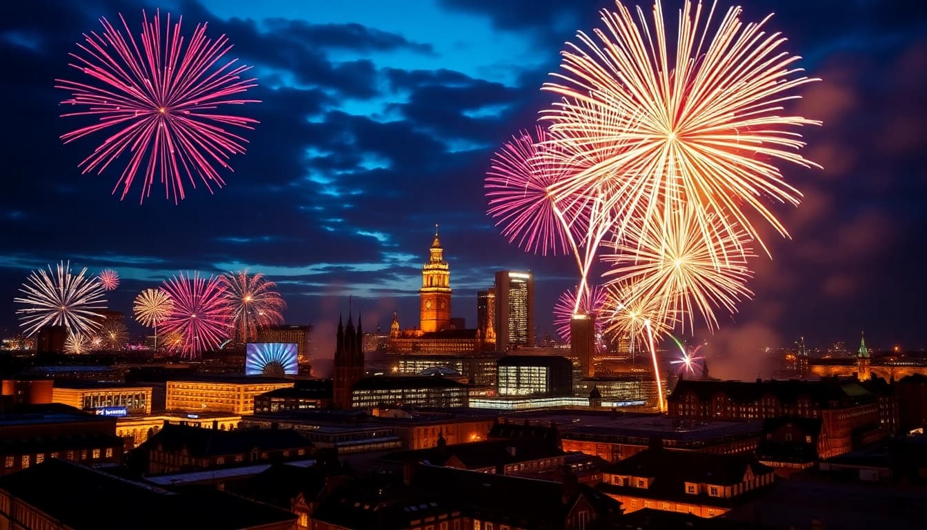 Manchester fireworks illuminating the skyline with vibrant explosions of color.