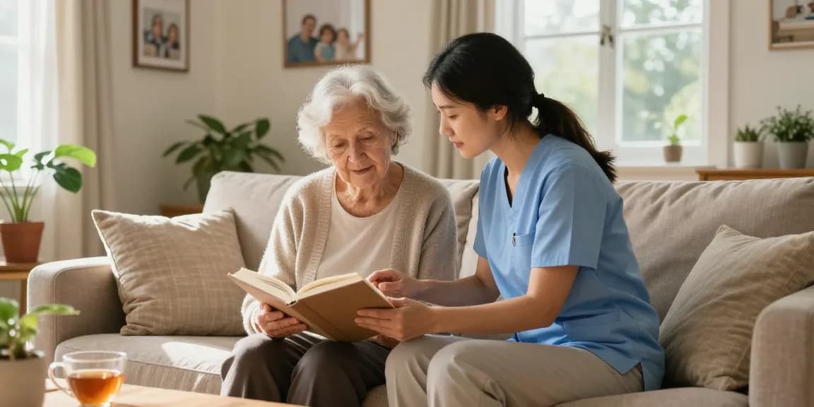 Respite care Birmingham scene with elderly woman and caregiver enjoying quality time in a cozy living room.