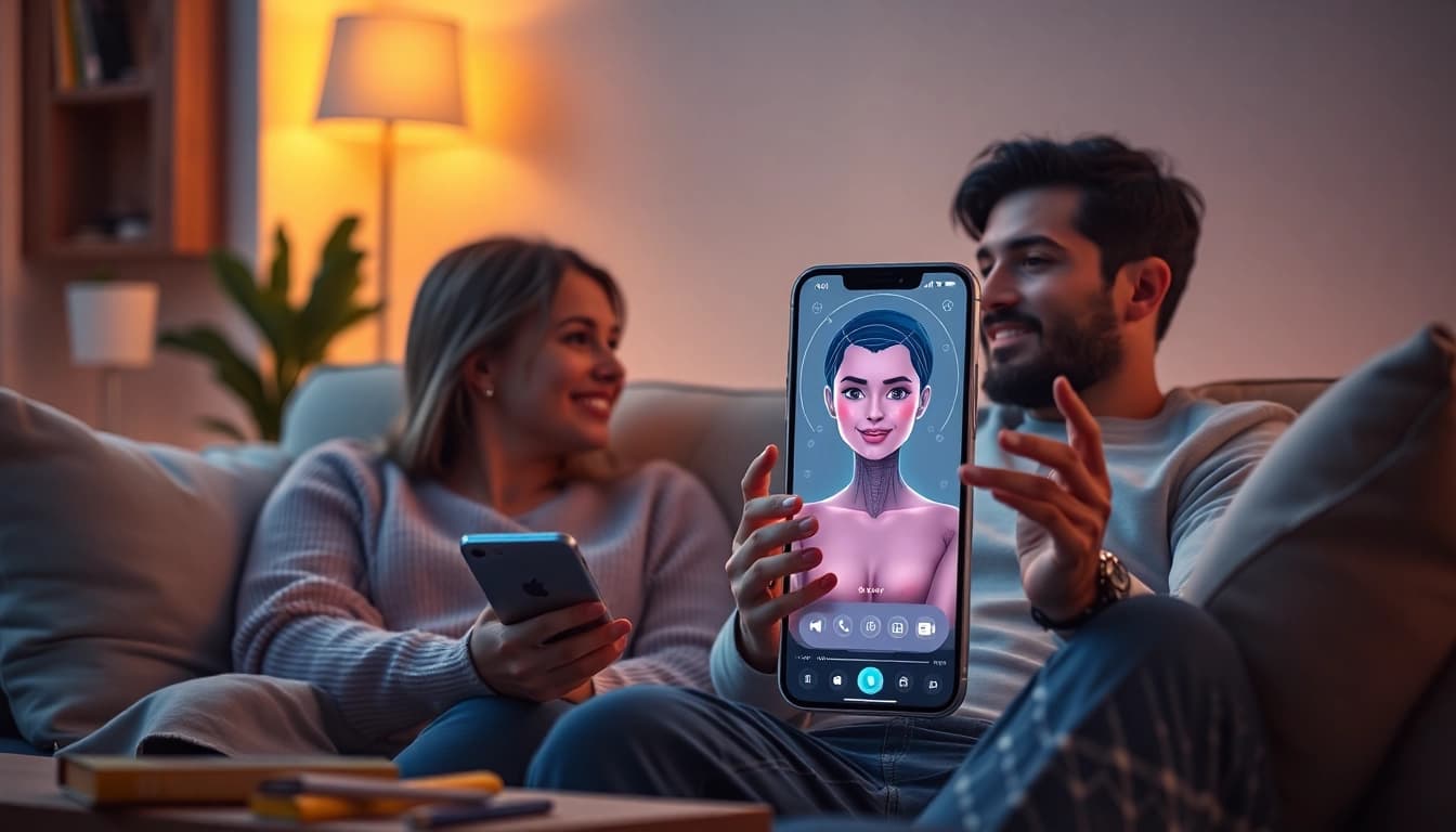 Engaging scene of a couple interacting with a sex AI character on a smartphone, cozy and inviting atmosphere.