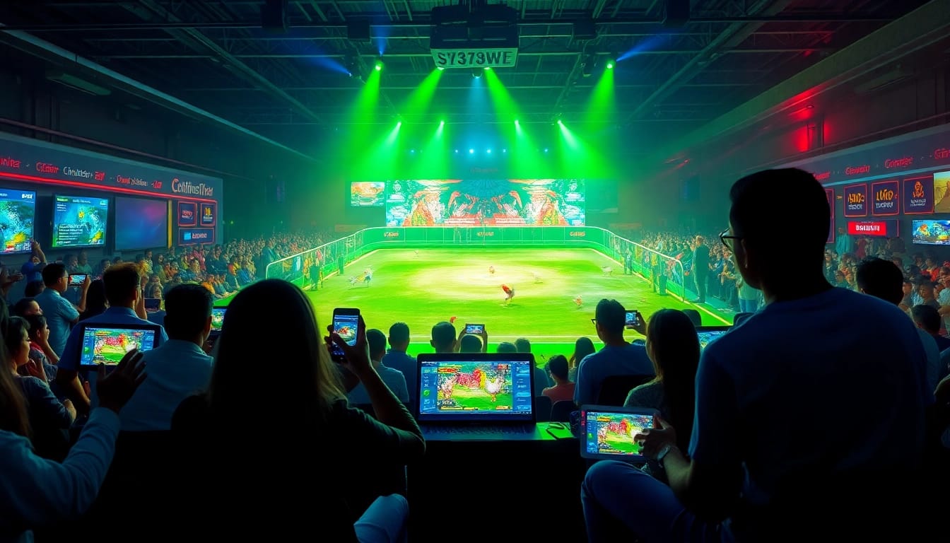 Engaging online betting scene showcasing sv368win.live with enthusiasts enjoying cockfighting matches.