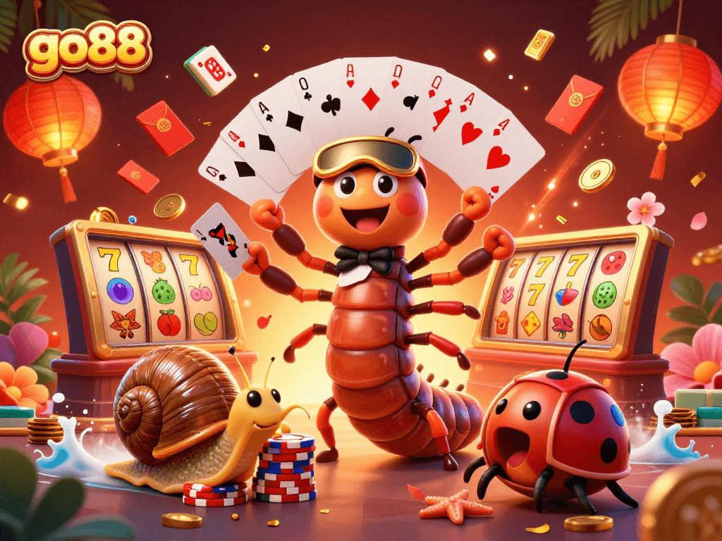 Engage with go88's thrilling world as a cartoon millipede dealer showcases vibrant slot reels.