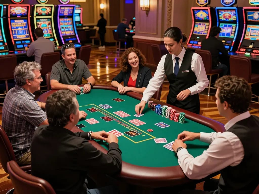 No hu players engaged in an exciting blackjack game on a vibrant casino floor with visible chips.
