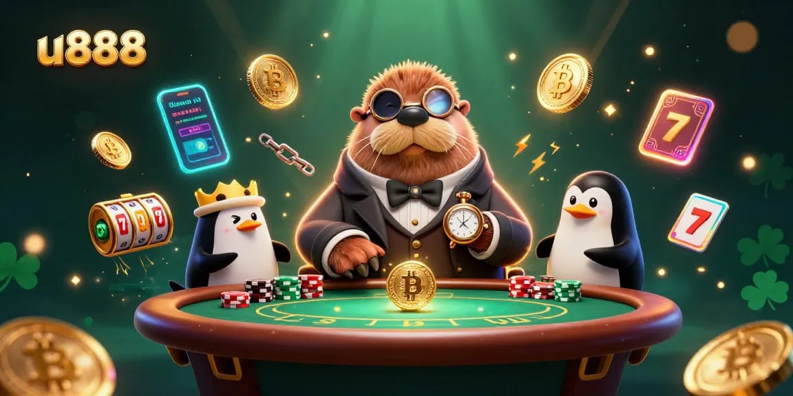 Play in the lively underwater scene of u888, featuring animated characters at a colorful poker table.