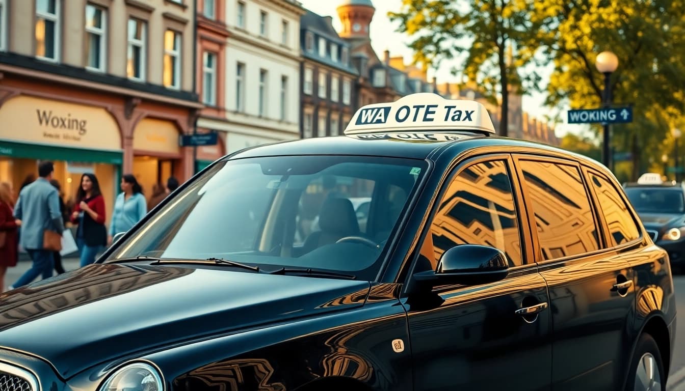Woking's vibrant taxi service displayed with a prominent black cab against a lively city backdrop.