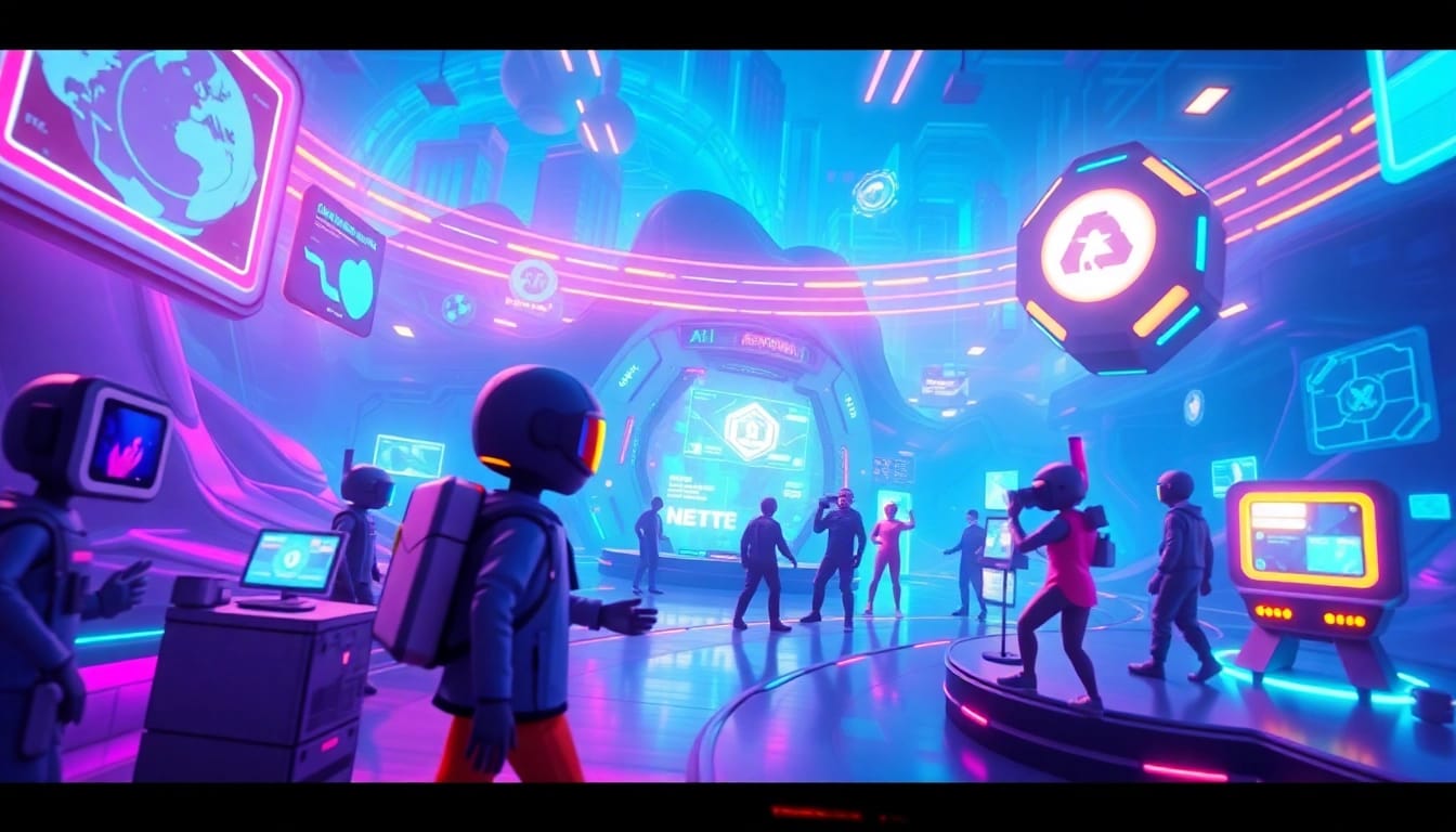game ai driven characters interacting in a vibrant digital landscape with advanced technology elements