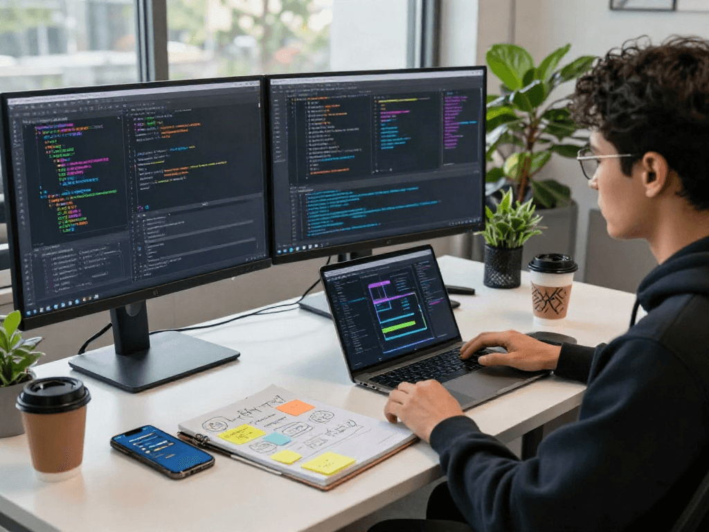 Juicy AI development workspace with vibrant code and inspiring atmosphere.