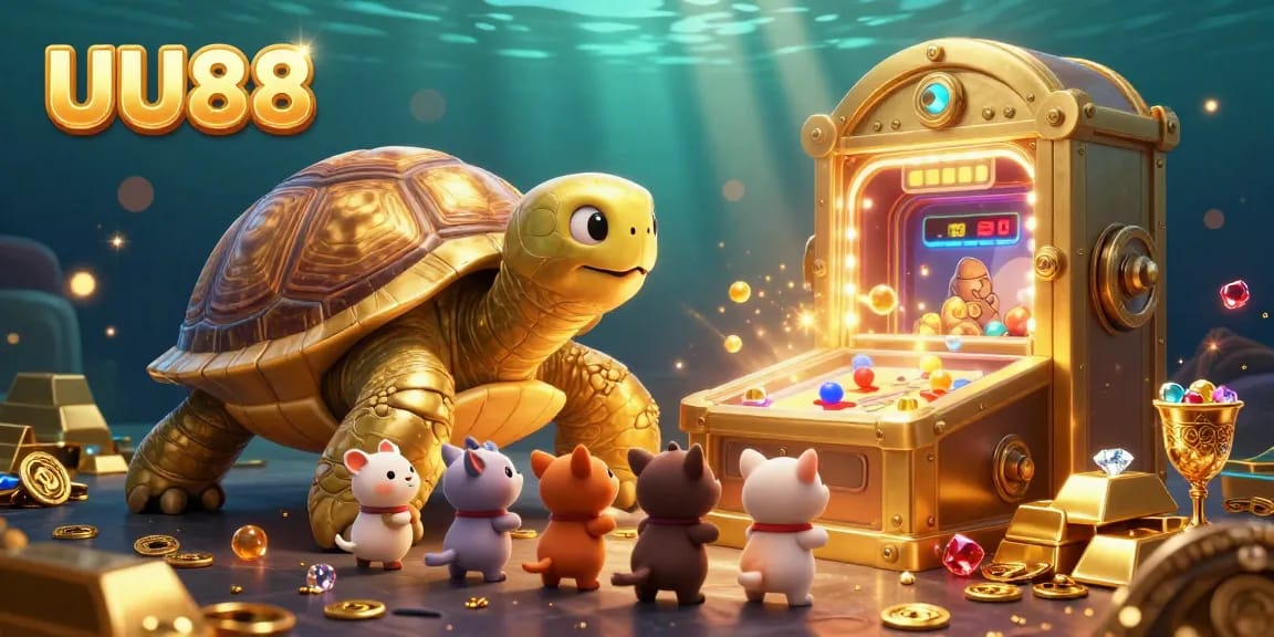 Experience thrilling gameplay with UU88 in a vibrant casino-themed scene filled with treasures.