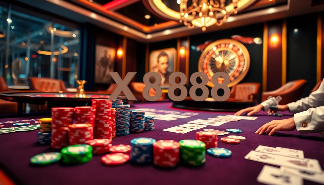 Players engaging in high-stakes gambling action at a bustling XX88 casino table, showcasing excitement and strategy.