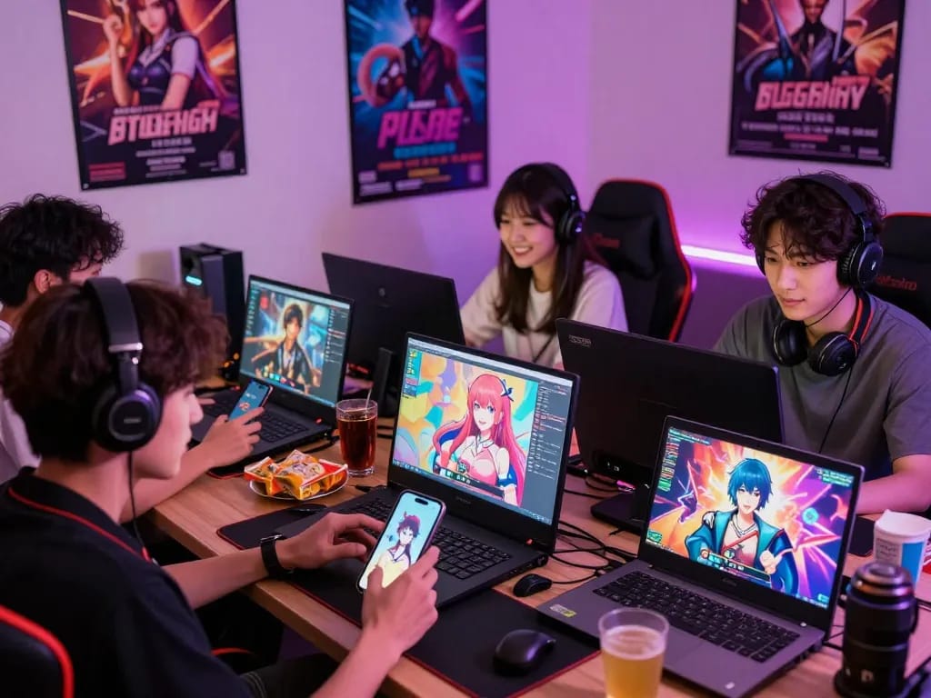 Players deeply engaged in porngame visual novels on multiple devices, showcasing lively adult gaming atmosphere.