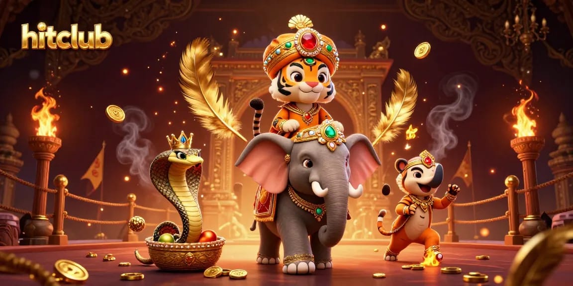 Join the hitclub as a vibrant tiger rides an elephant surrounded by casino elements!