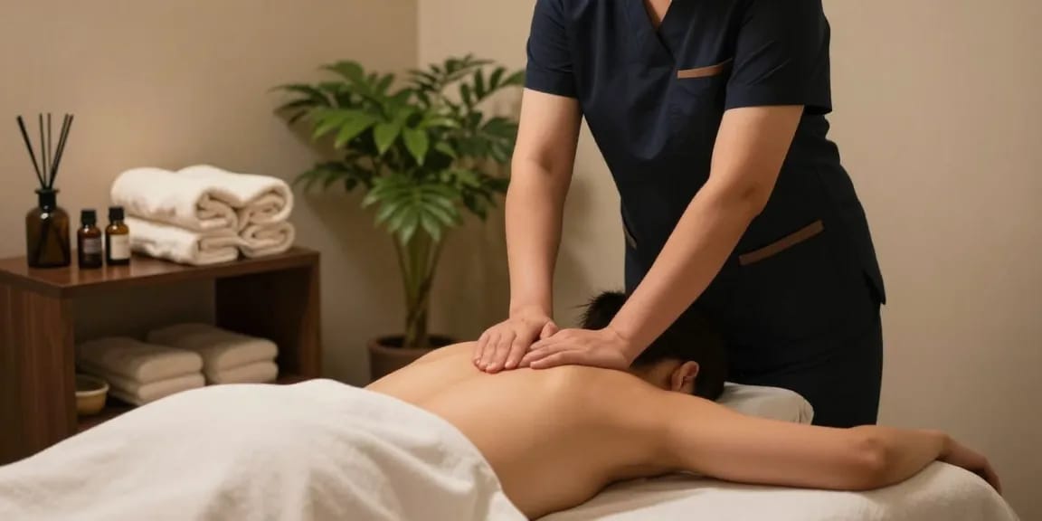 Experience soothing 고양출장마사지 in a tranquil wellness setting, featuring a therapist providing a relaxing massage.