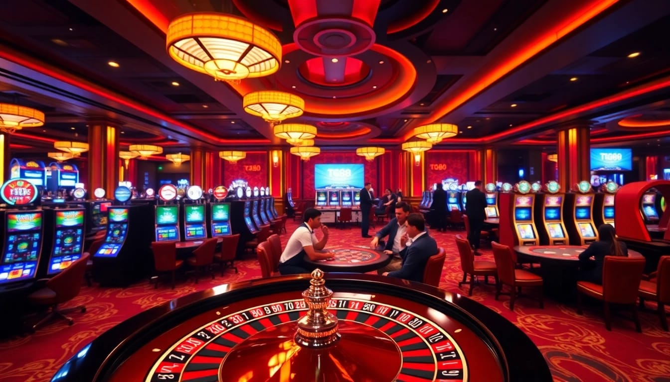 Exciting scene at TG88 casino with players celebrating wins at roulette and poker tables.