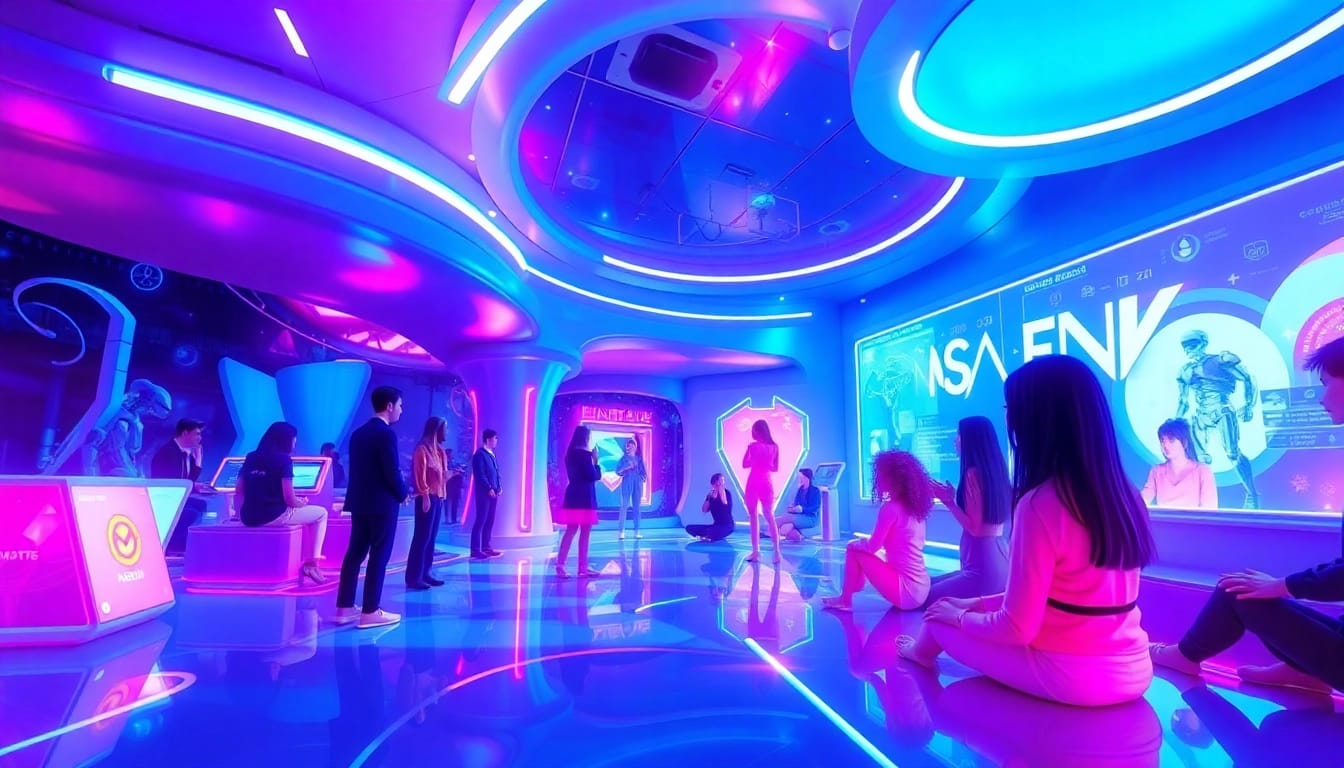 Engaging interaction with NSFW character AI in a vibrant, futuristic digital landscape.