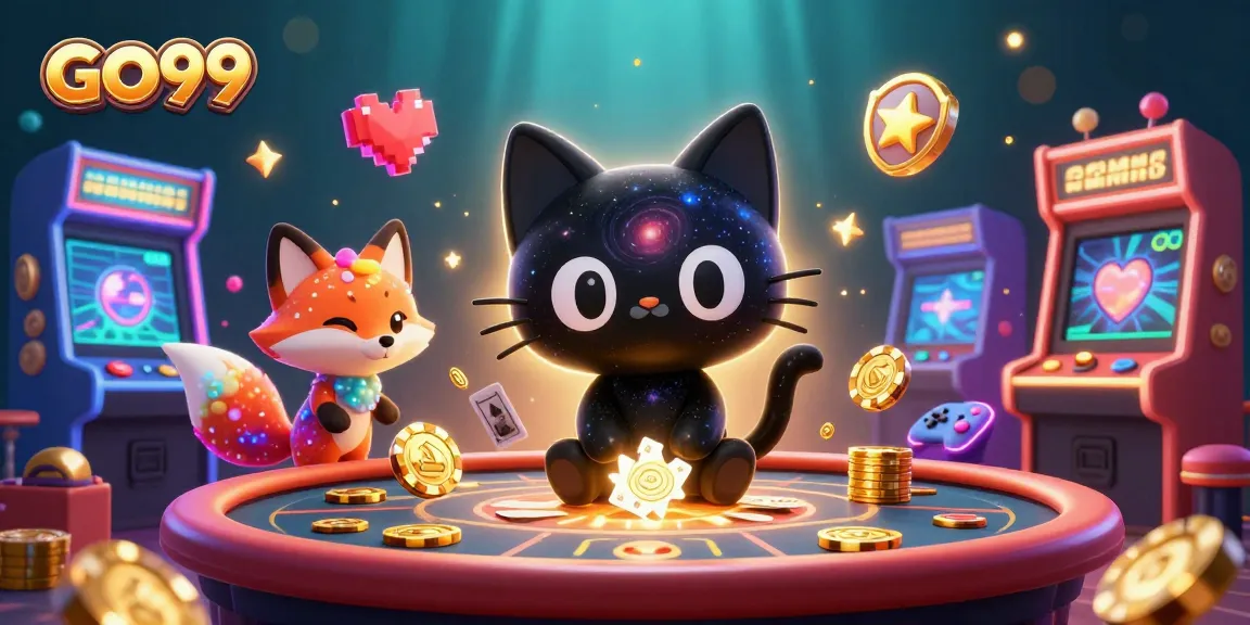 GO99 casino illustration featuring a cosmic theme with a black hole cat and magical elements