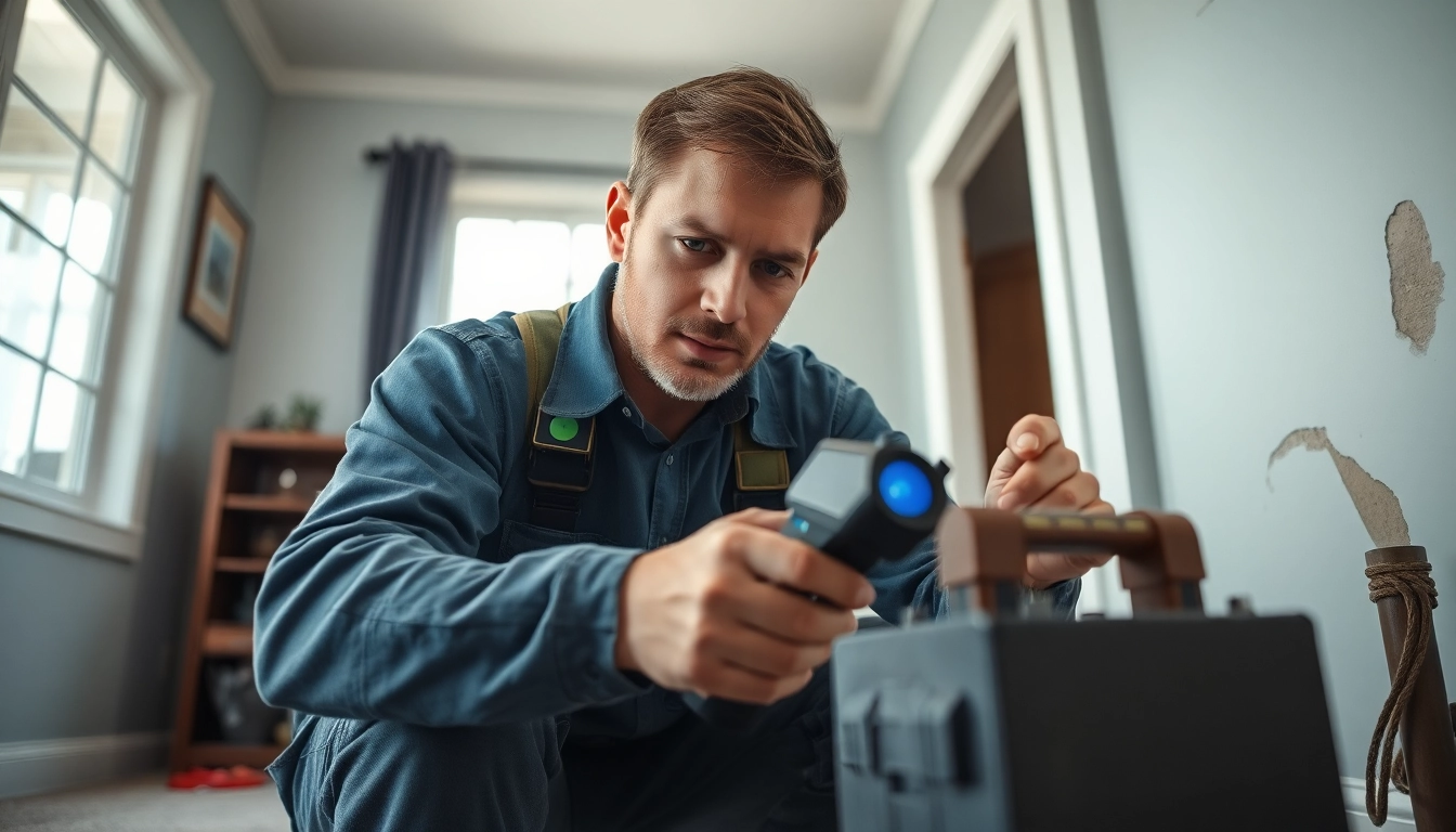 Expert technician performing underground leak detection using thermal imaging and acoustic devices in a residential setting.