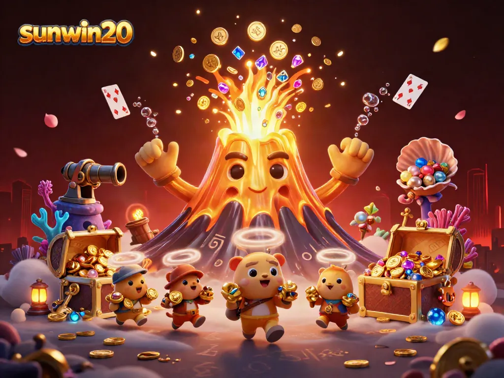 Experience thrilling gameplay with sunwin20 as explorer animals rush from a golden volcano, amidst treasure and vivid casino elements.