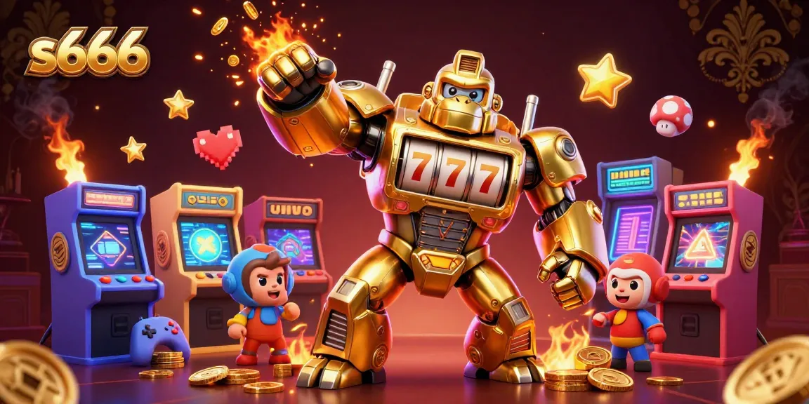 Engage with exciting s666 gaming adventures, featuring a golden gorilla mech surrounded by vibrant casino elements.