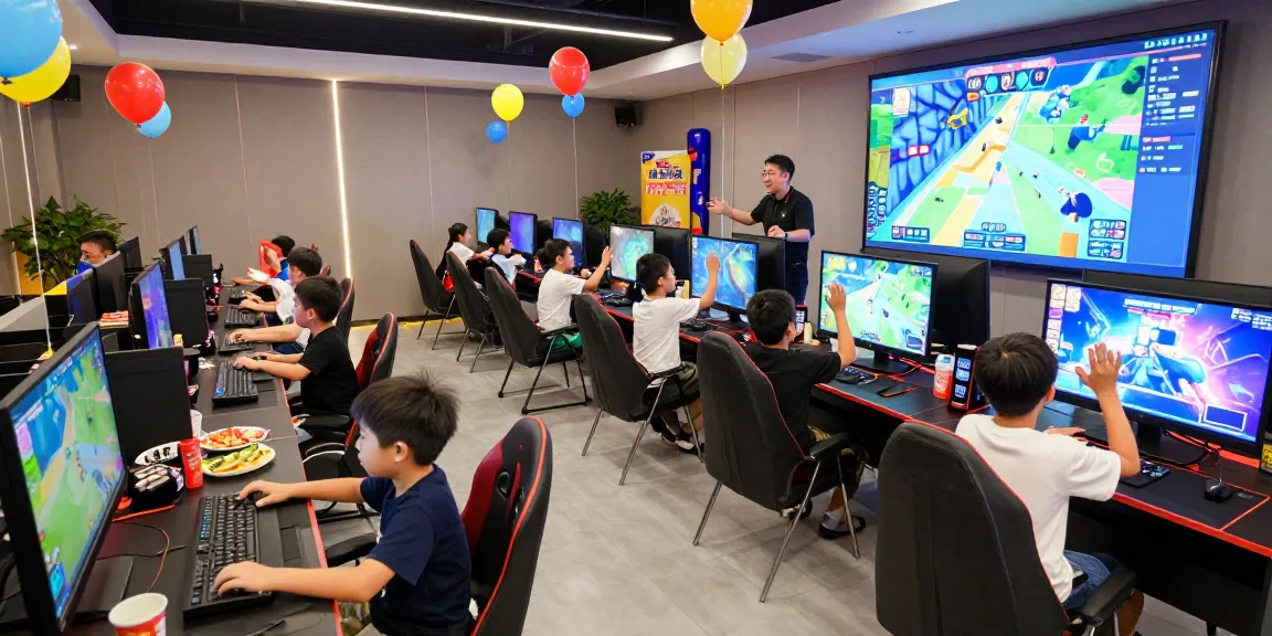 Dynamic gaming party London with children enjoying competitive gameplay and festive decor