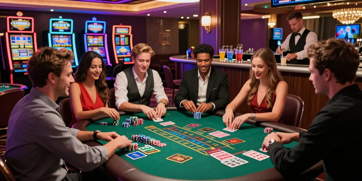 Engaging group playing blackjack at credit card casinos in vibrant casino setting.