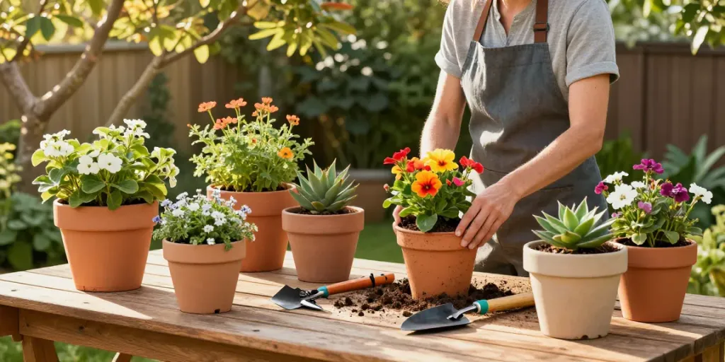 IDEALIST UK gardening products in vibrant outdoor setting, showcasing planters and flowers.