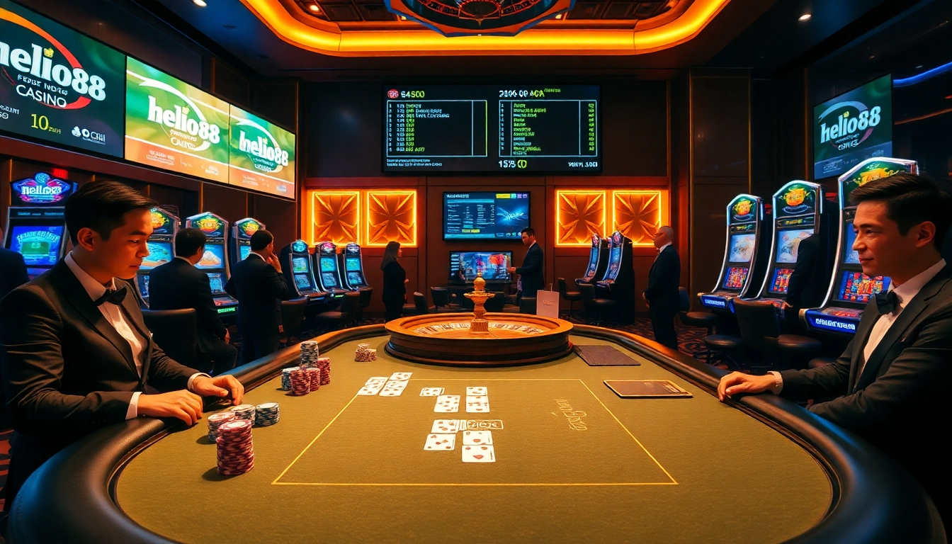 Excited players at a luxurious Hello88 poker table with vibrant chips and cards.