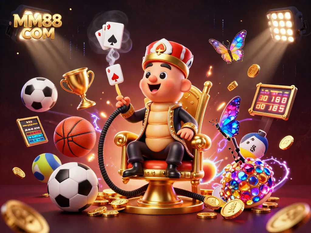 Engaging scene of MM88 COM gaming with a vibrant 3D caterpillar and sports elements for immersive online betting.
