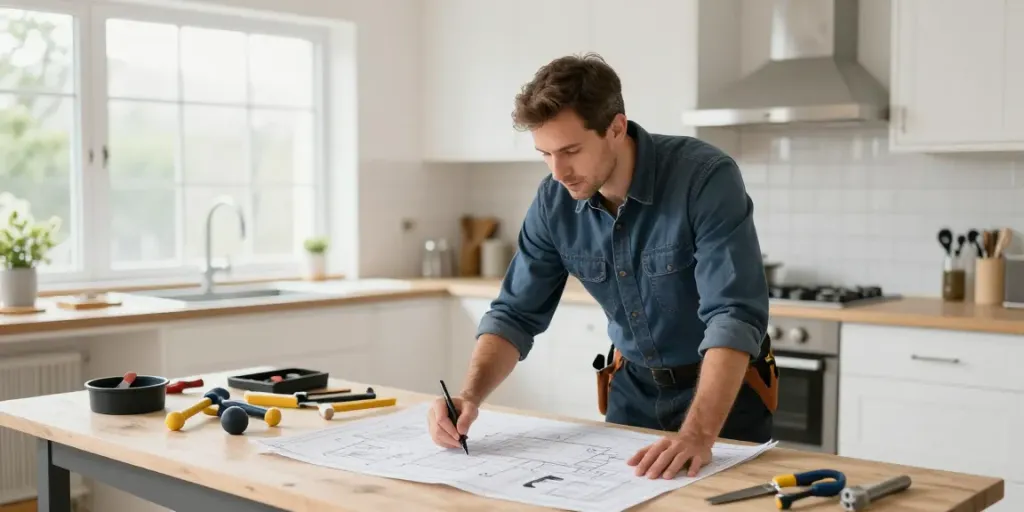 Trusted local contractor examining kitchen renovation plans, showcasing slot gacor services.