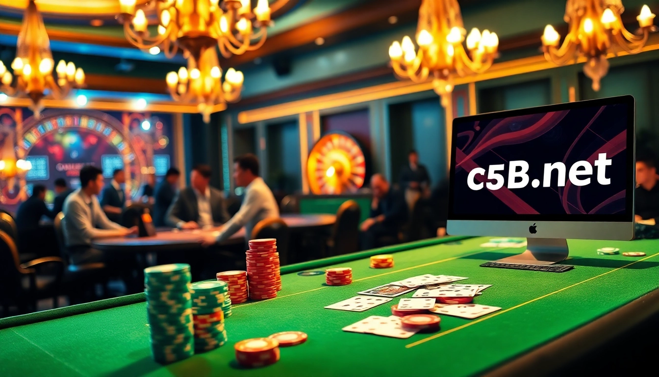 Experience the excitement of gambling at c54.gb.net with a luxurious casino scene showcasing poker and roulette.