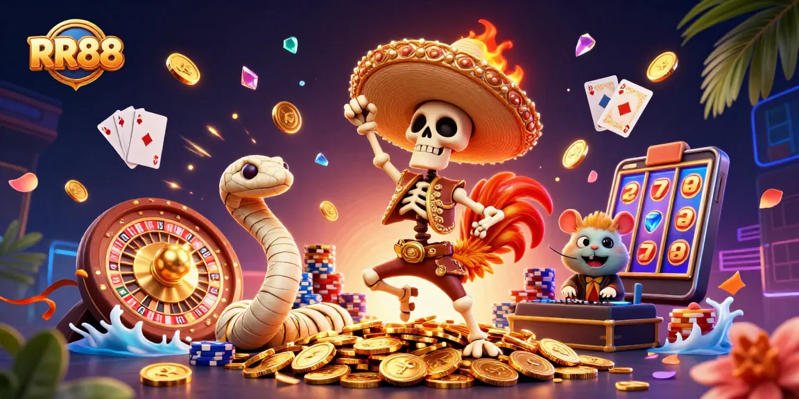 RR88 players winning big on a dynamic casino scene with coins and game elements