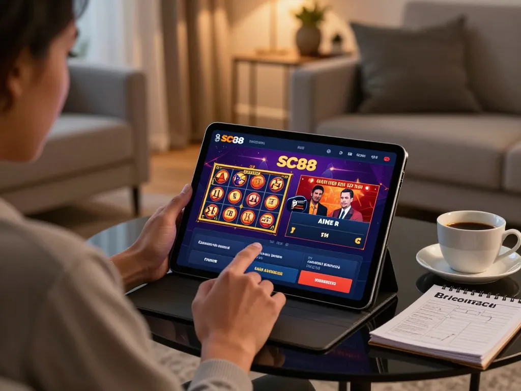 Player enjoying SC88 mobile gaming experience with betting app interface and slot visuals in cozy home setting.
