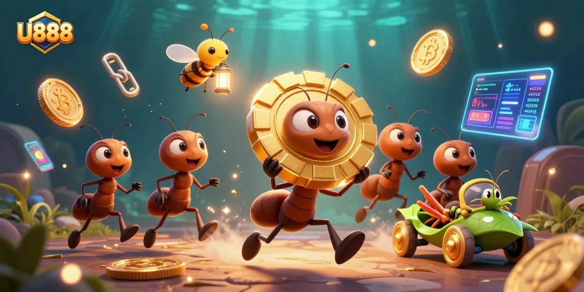 U888 team of ants executing a thrilling heist with glowing poker chips and crypto coins.