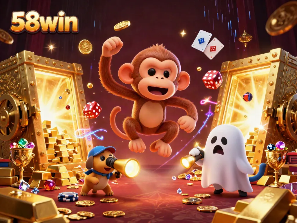 A mischievous poltergeist monkey juggles golden objects in a haunted casino while a ghost-hunter puppy tracks it, representing 58win.