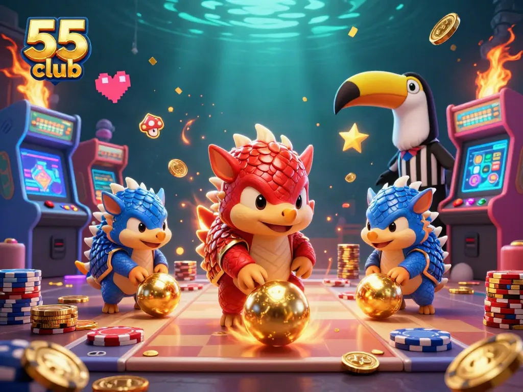 Experience thrilling gameplay on 55 club with rival pangolins in action amidst vibrant casino elements.