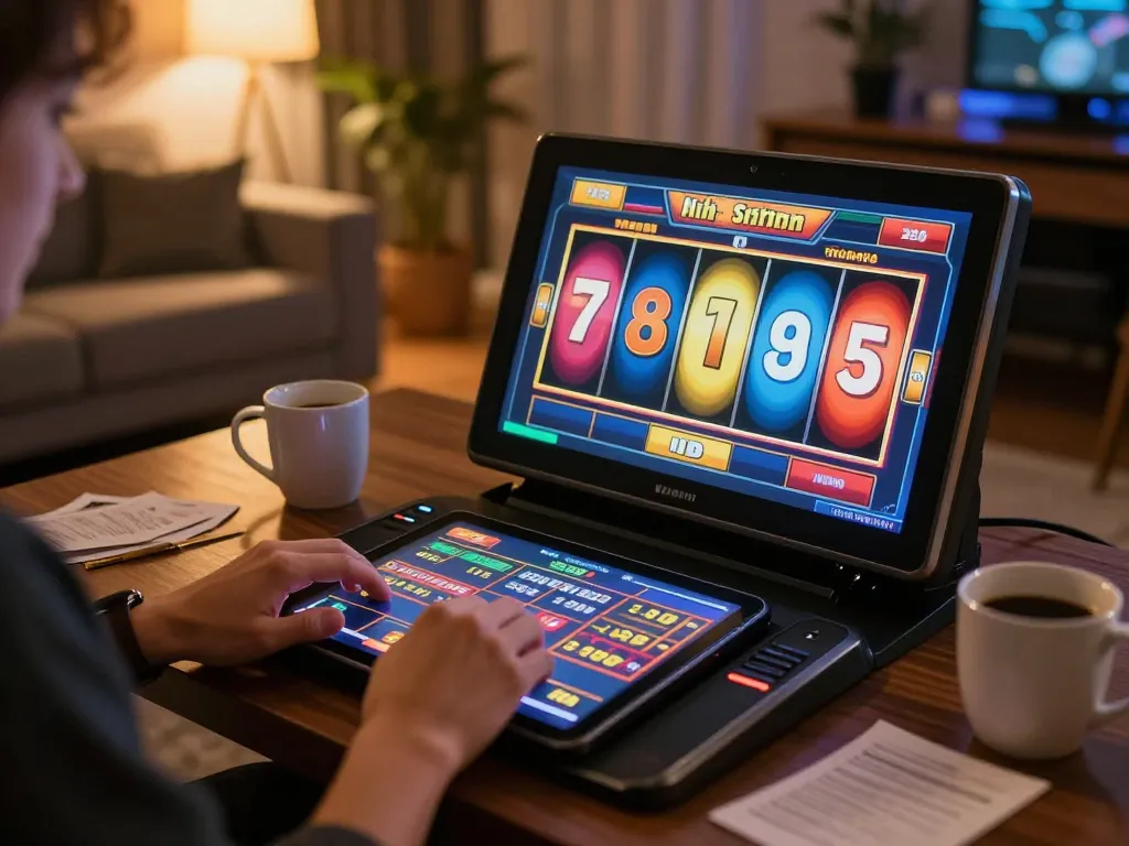 Engaging home setup of mm88 online slots being played on a tablet, showcasing a cozy ambiance