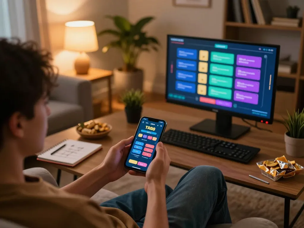 Engaging with TR88 app for mobile betting in a cozy setting.