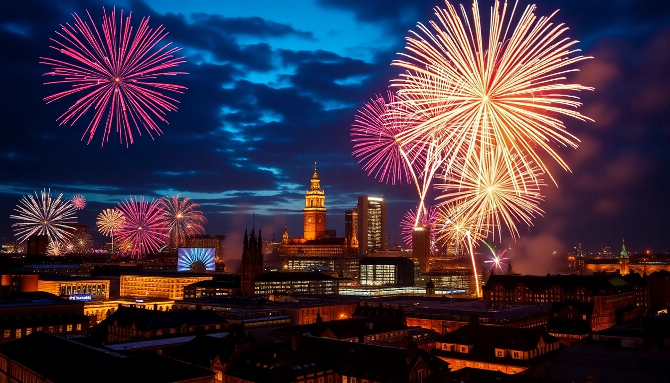 Manchester fireworks illuminating the skyline with vibrant explosions of color.