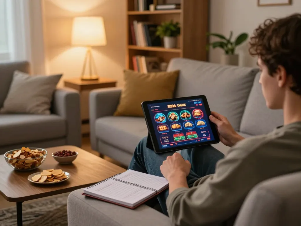 Person enjoying 888b online casino games on a tablet in a cozy home setting