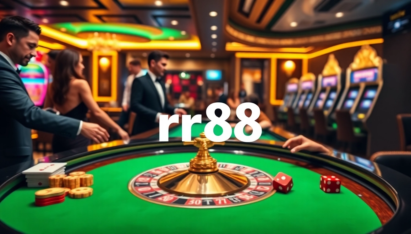 Gambling excitement at rr88 casino with a roulette table and vibrant poker action.