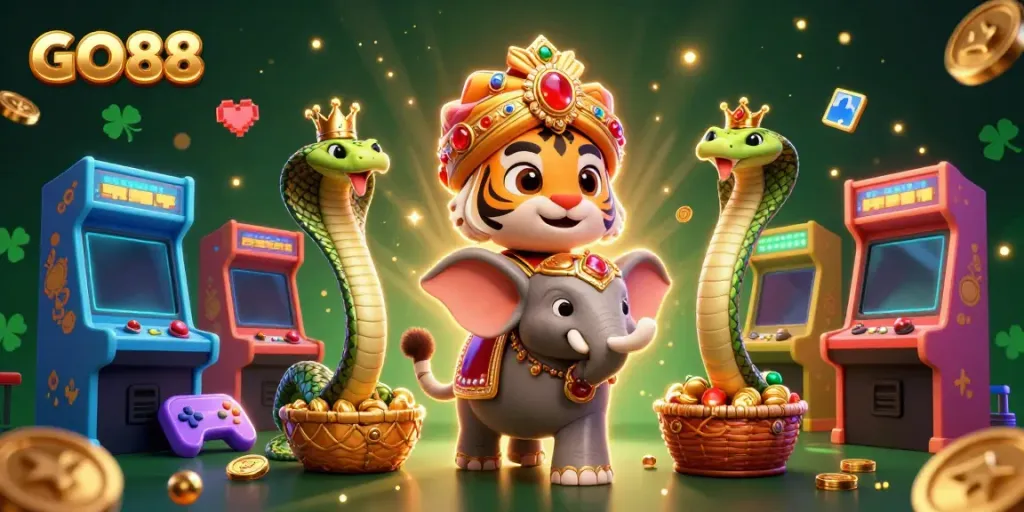 Spin and win at GO88 with a vibrant scene featuring a majestic tiger and elephant amidst arcade action.