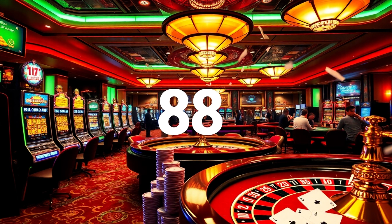 Experience the thrill of gambling at 88 go with vibrant casino elements, including tables and slot machines.