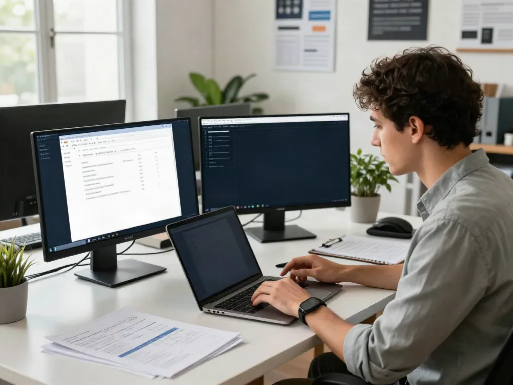 SEO strategist analyzing instant indexing metrics on multiple screens in a modern workspace.