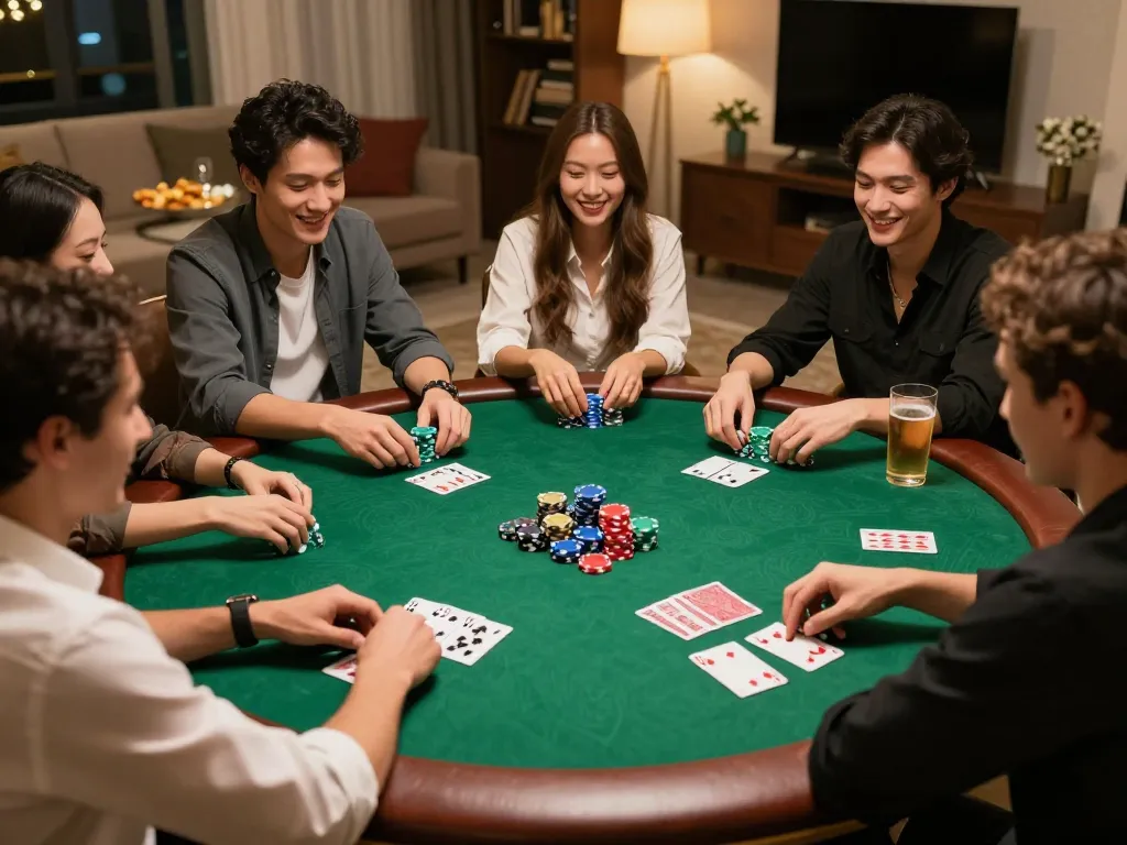 N188 poker night with friends enjoying a lively game at home, showcasing chips and cards.