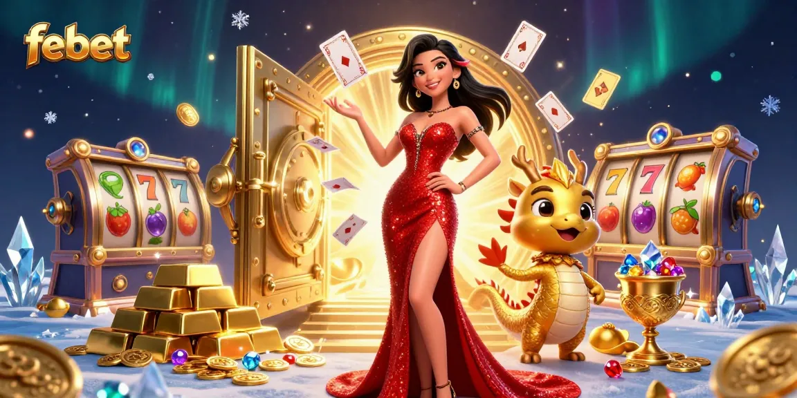 Win big with febet's captivating 3D casino scene featuring a glamorous woman, golden dragon, and slot elements.