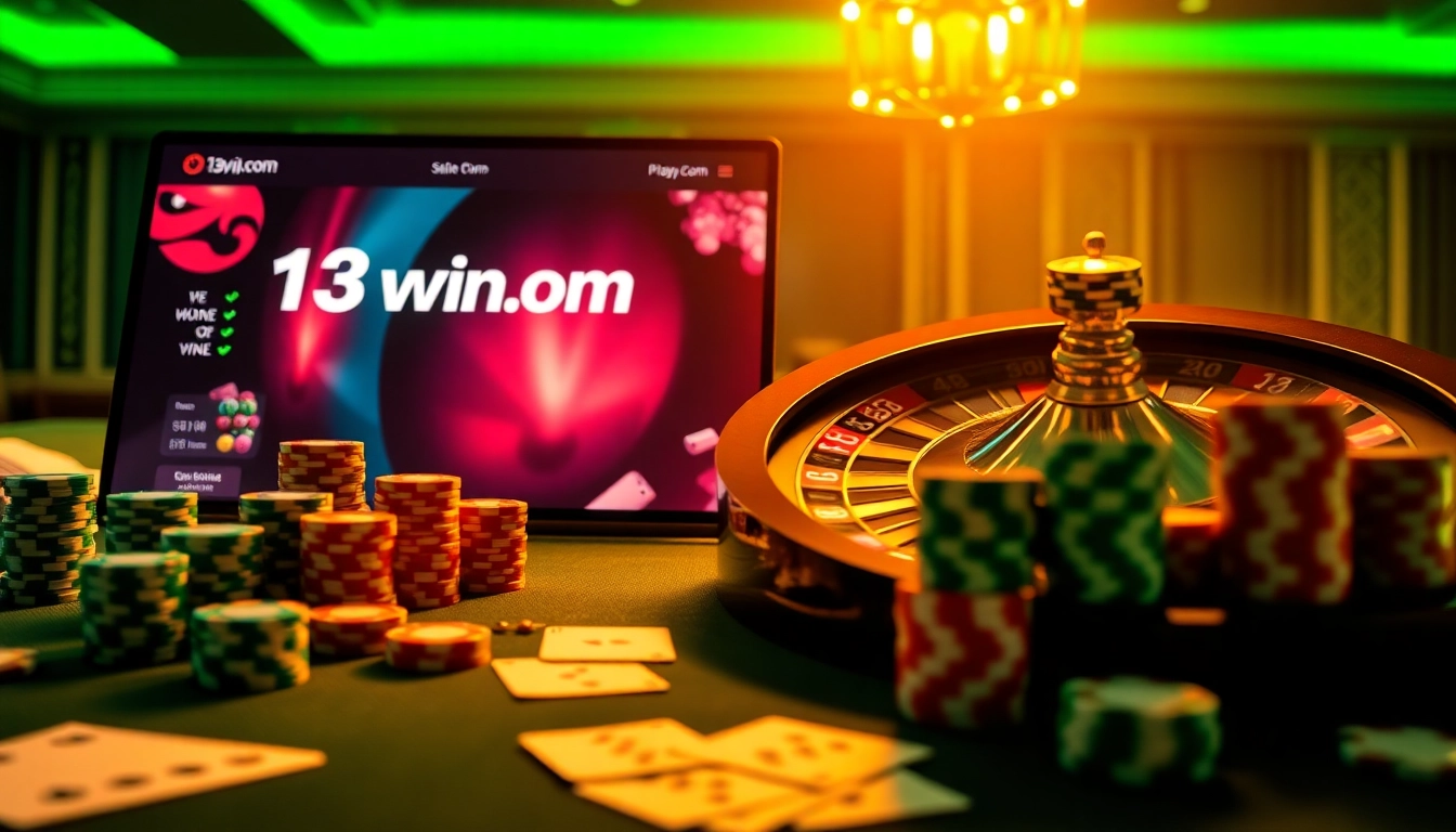 Gambling excitement at 13 win.com with poker chips and a roulette wheel.