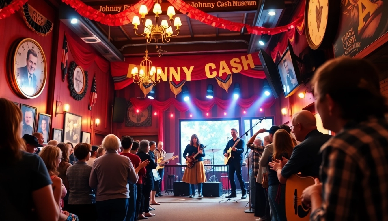 Celebrate at johnnycashbirthday.com with a vibrant party atmosphere honoring Johnny Cash, featuring live music and festive decorations.