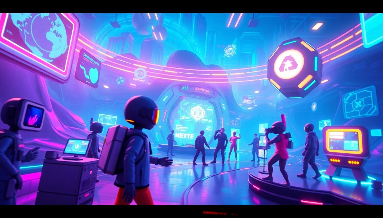 game ai driven characters interacting in a vibrant digital landscape with advanced technology elements