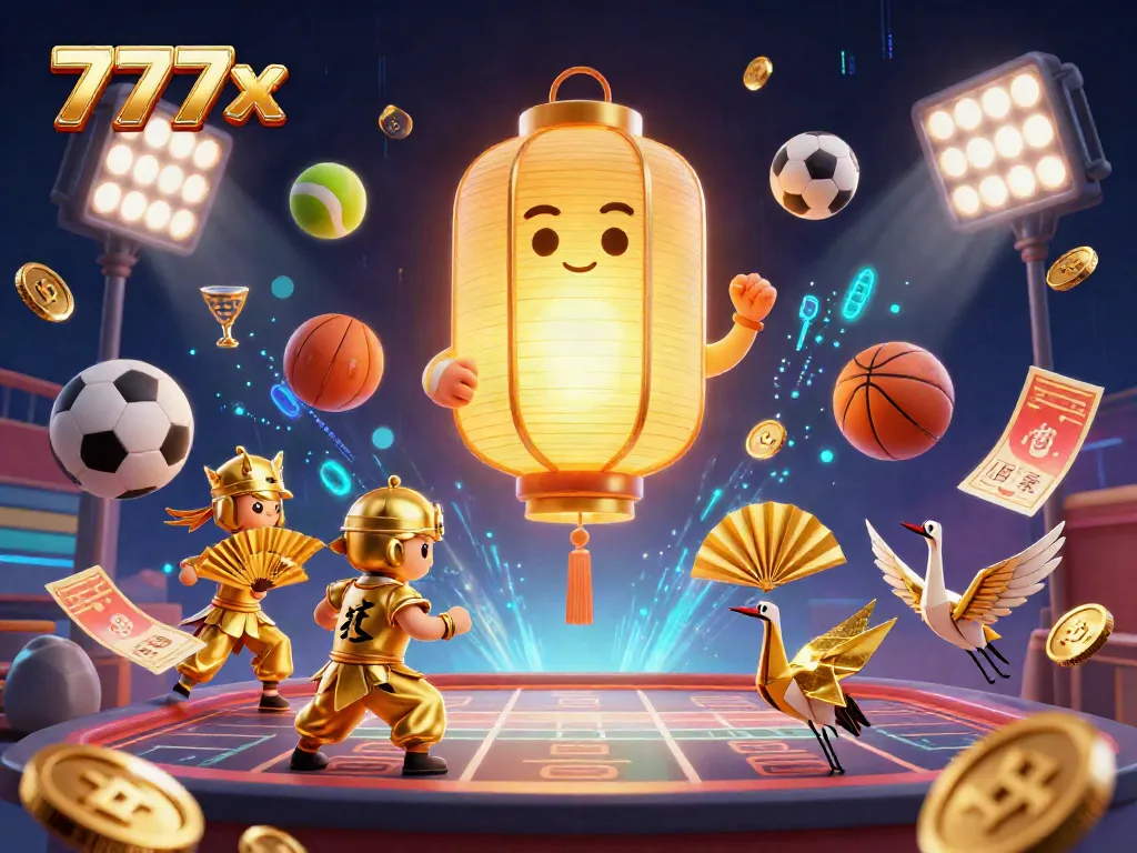 Experience thrilling gaming with 777x's golden lantern spirit and warriors amidst vibrant casino elements.