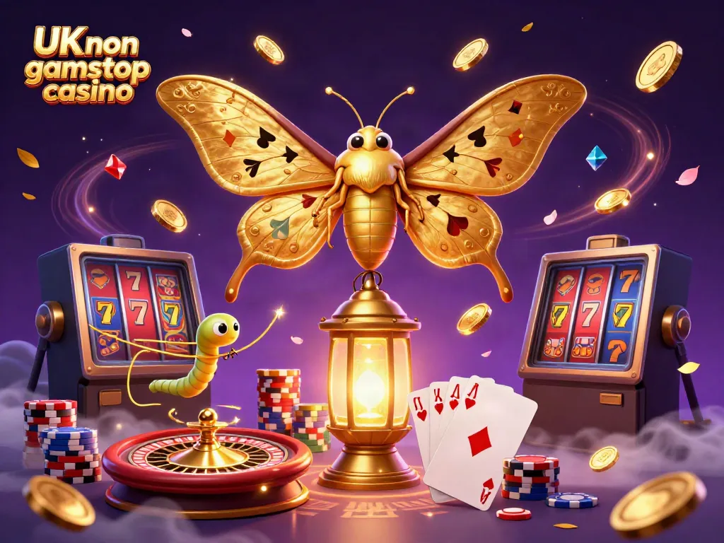 Engaging illustration of a UK non gamstop casino scene with a majestic moth and vibrant casino elements.