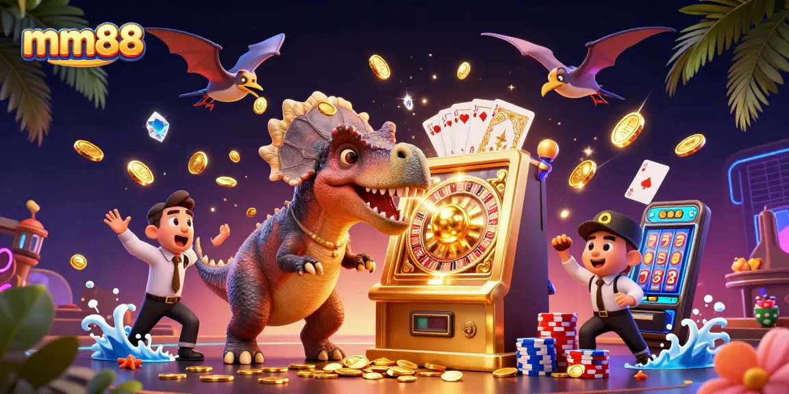 Experience mm88 excitement as a pachycephalosaurus triggers a jackpot at a lively casino scene.